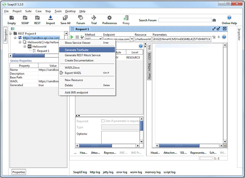 Image of Soap UI's application. Menu with focus on Generate TestSuite option.