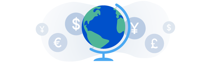 illustration of a globe with international currency symbols