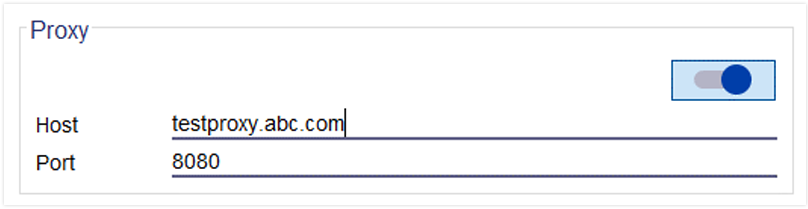 Screenshot of Proxy settings, including Host input field and Port input field.