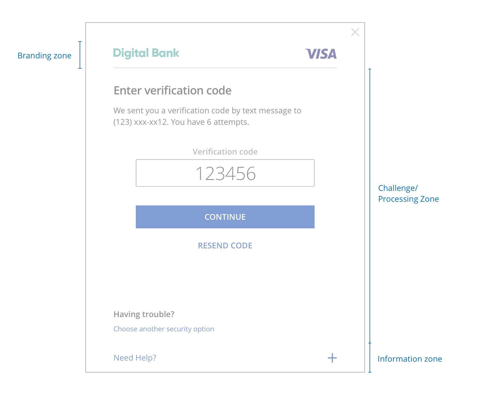 Specifications for One-Time Passcode, Enter verification code screen, desktop modal 