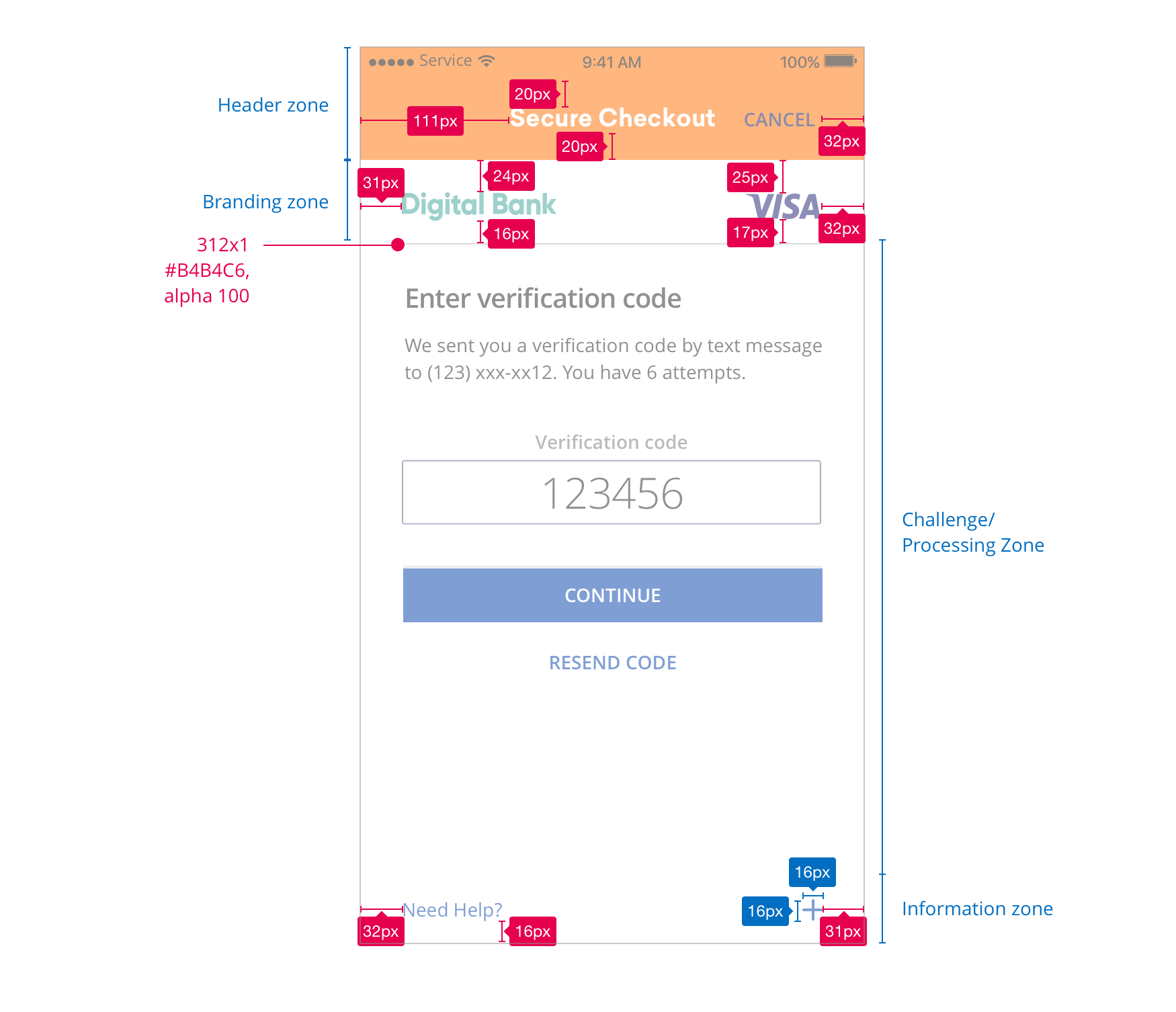 Specifications for One-Time Passcode for header and Need help sections, Enter verification code screen