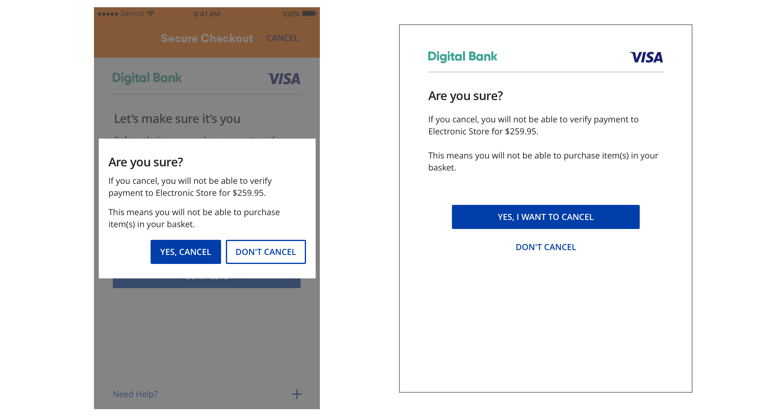 Key screen for Cancel and Close, mobile and desktop