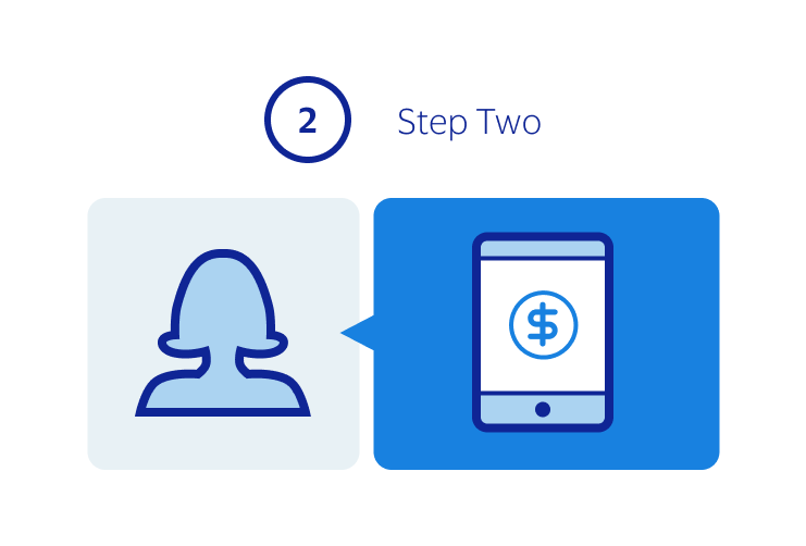 Icons for a customer and a mobile phone displaying a money symbol